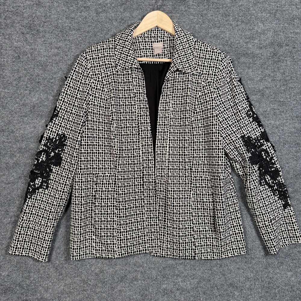 Chico's Size 2 US‎ 12/14 Shacket Shirt Gray Black Embroidered Windowpane Office